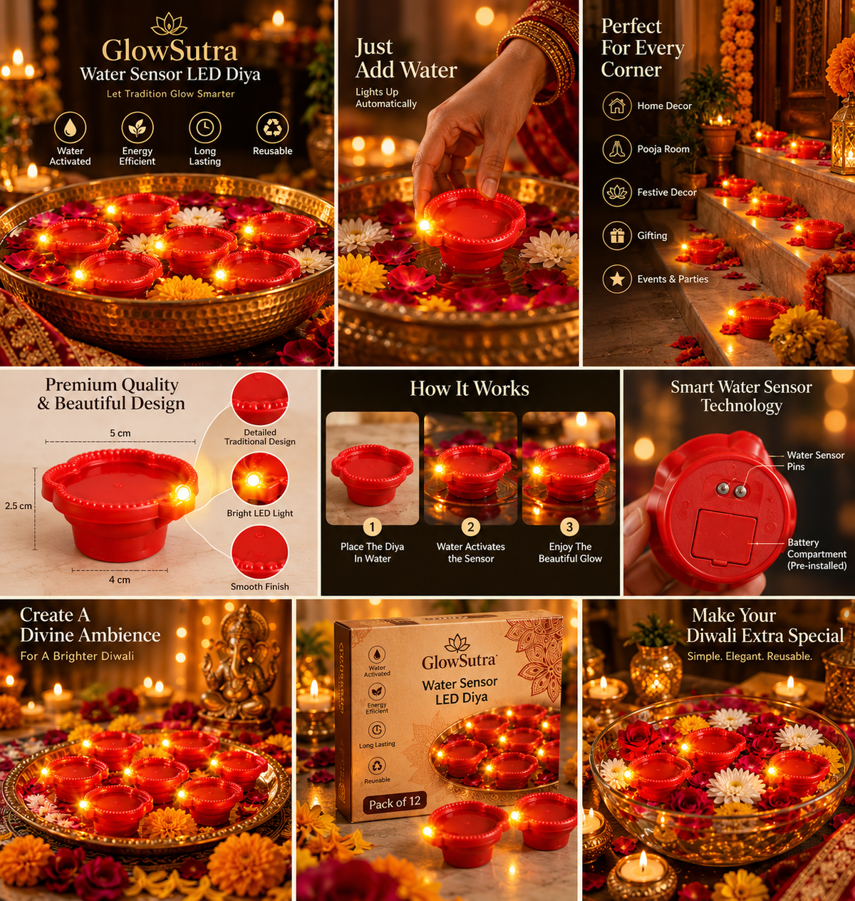 Magic Water Sensor Diya – Pack of 12 | GlowSutra